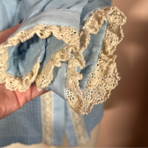 Vintage 60 70 MCM MOD Victorian Blue Lace High Collar Puff Sleeve Tuxedo Blouse - Picture 9 of 16